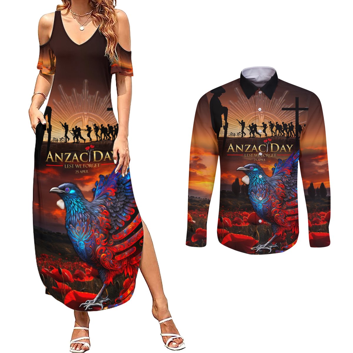 New Zealand Tui Bird Soldier ANZAC Couples Matching Summer Maxi Dress and Long Sleeve Button Shirt Lest We Forget LT03 Black - Polynesian Pride