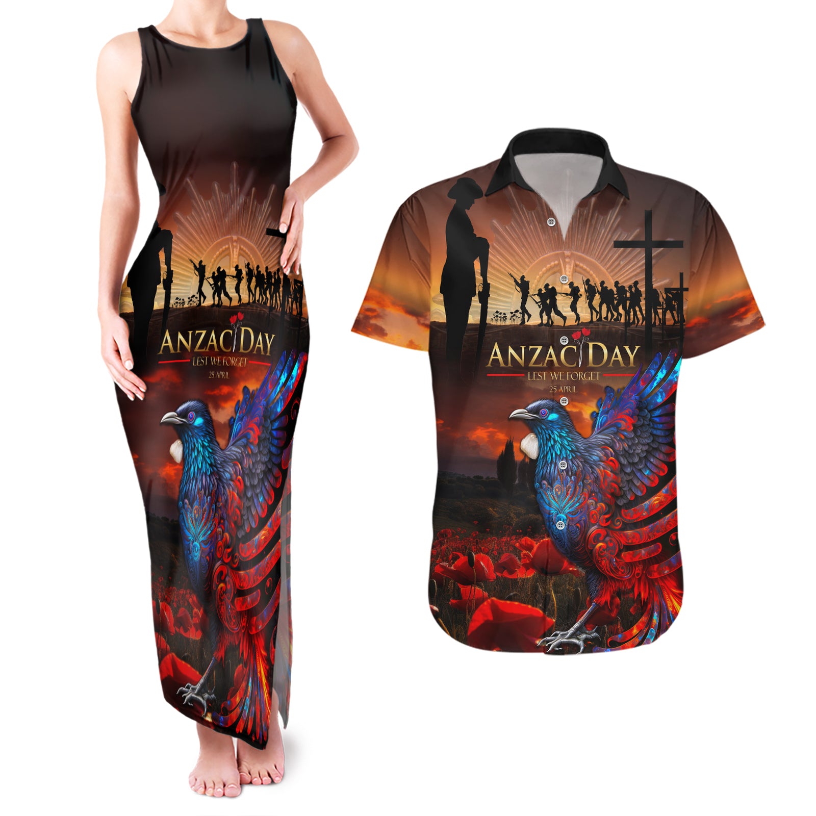 New Zealand Tui Bird Soldier ANZAC Couples Matching Tank Maxi Dress and Hawaiian Shirt Lest We Forget LT03 Black - Polynesian Pride