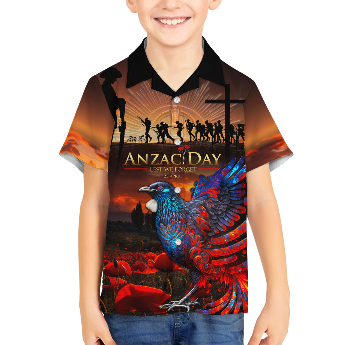 New Zealand Tui Bird Soldier ANZAC Family Matching Long Sleeve Bodycon Dress and Hawaiian Shirt Lest We Forget LT03