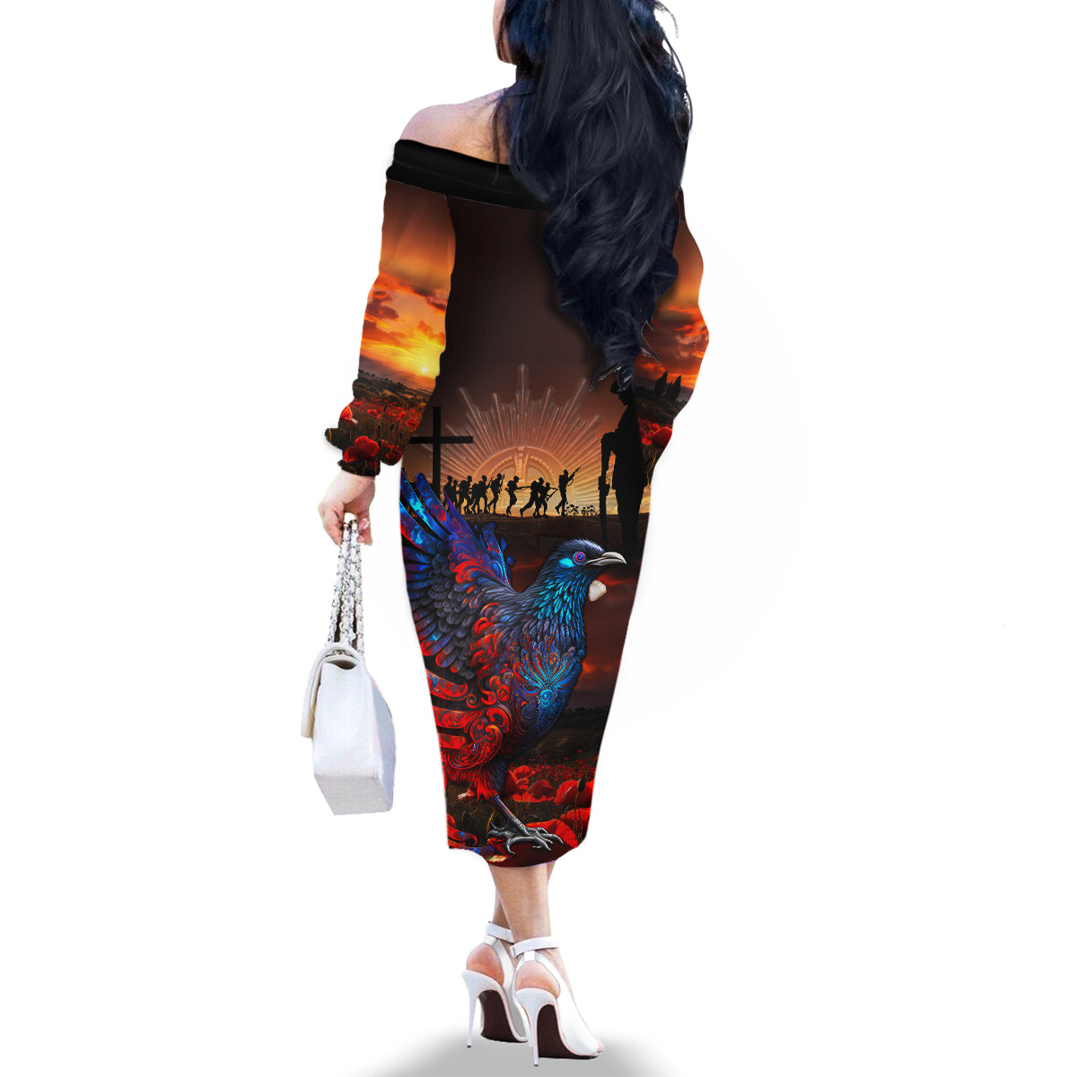 New Zealand Tui Bird Soldier ANZAC Family Matching Off Shoulder Long Sleeve Dress and Hawaiian Shirt Lest We Forget LT03
