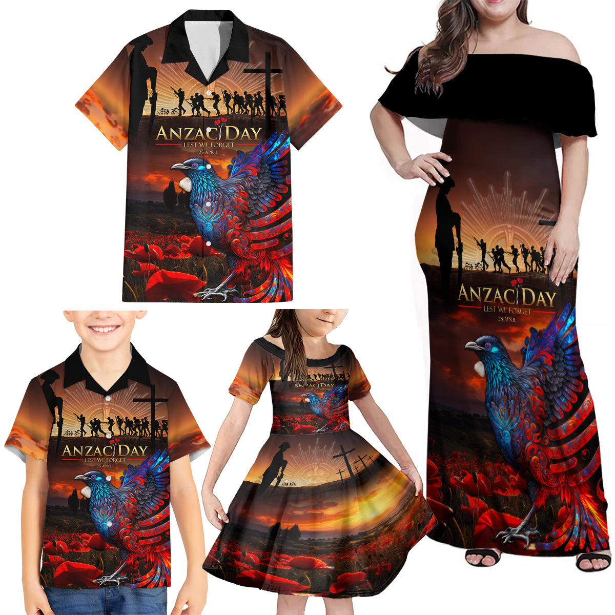 New Zealand Tui Bird Soldier ANZAC Family Matching Off Shoulder Maxi Dress and Hawaiian Shirt Lest We Forget LT03