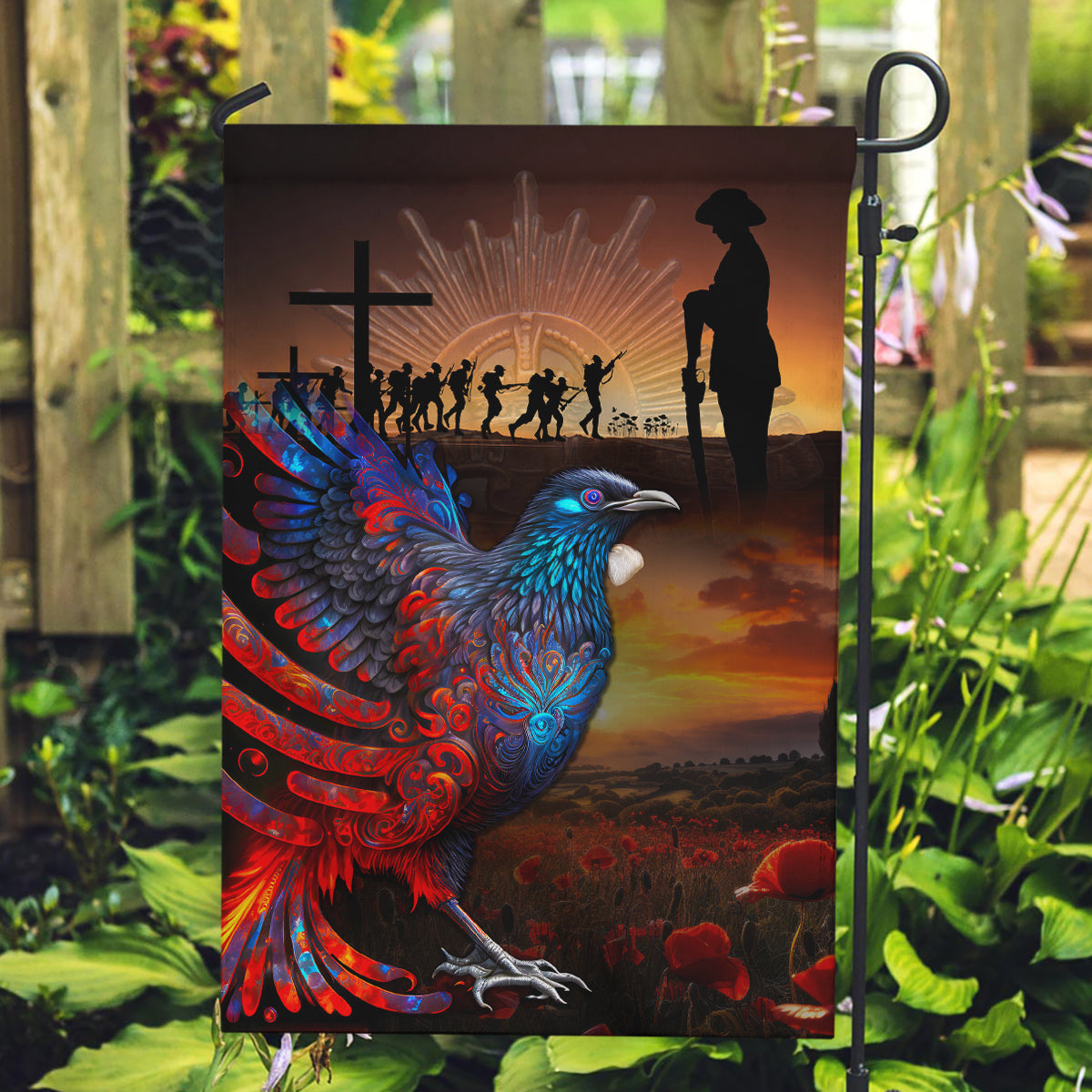 New Zealand Tui Bird Soldier ANZAC Garden Flag Lest We Forget LT03 Garden Flag Black - Polynesian Pride