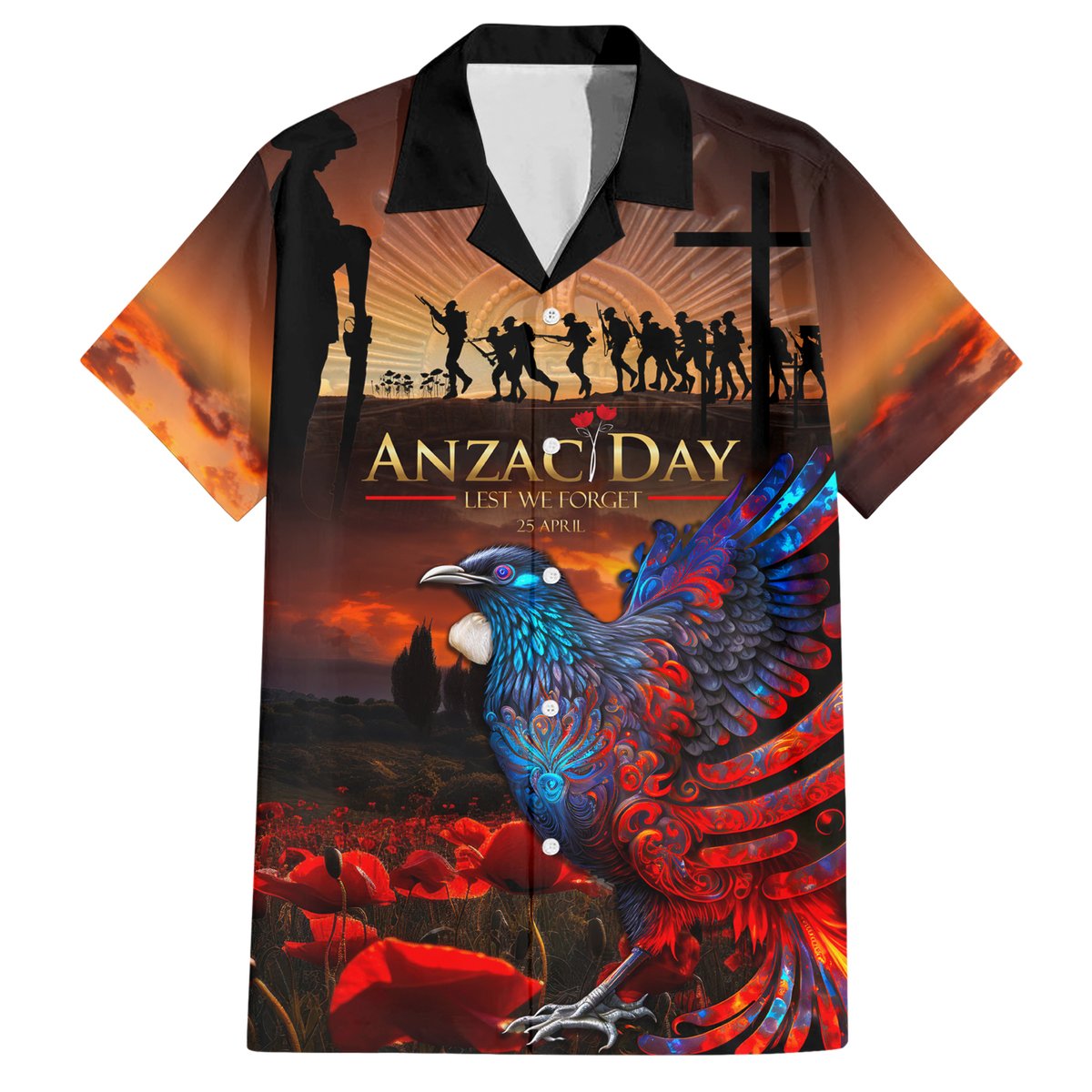 New Zealand Tui Bird Soldier ANZAC Hawaiian Shirt Lest We Forget LT03 Black - Polynesian Pride