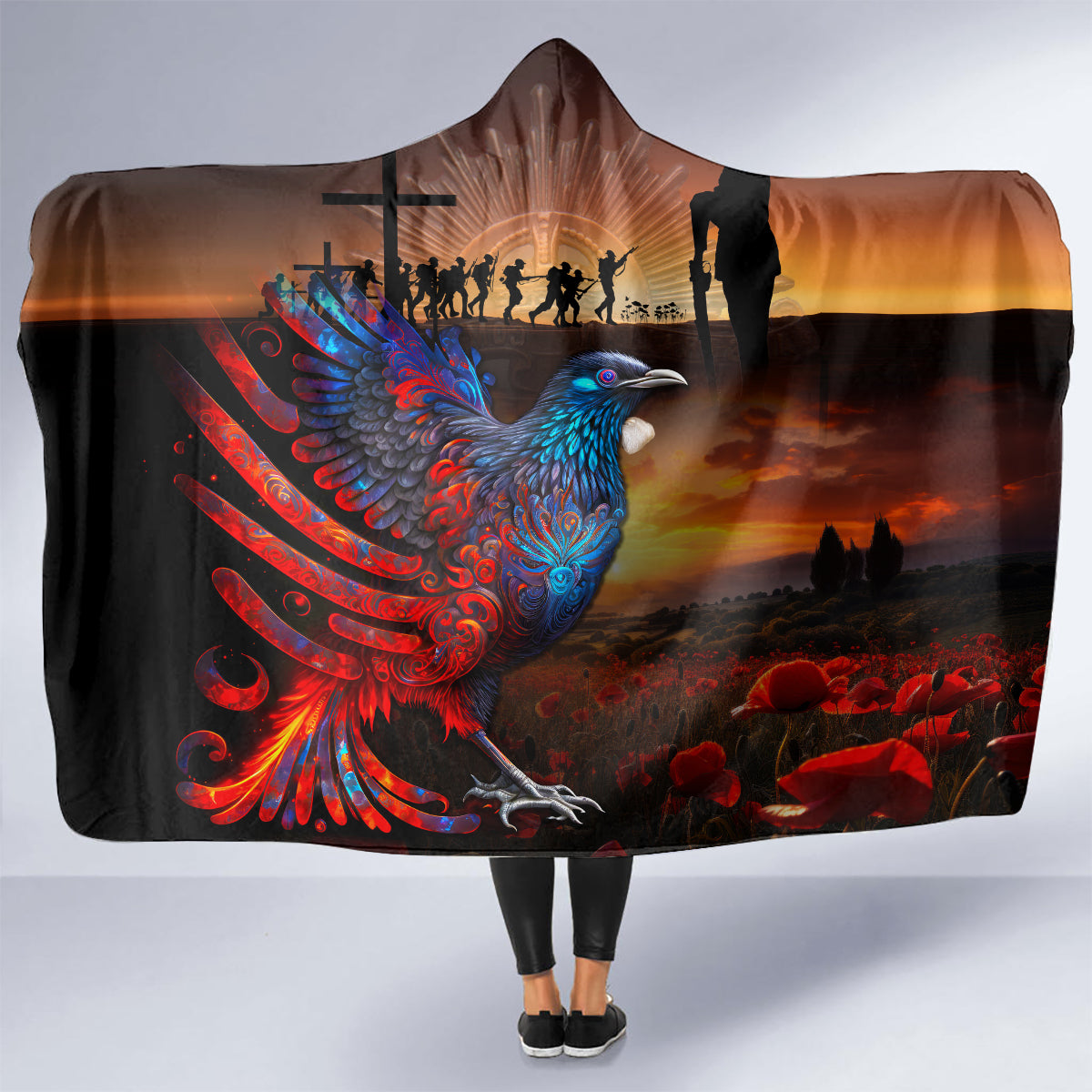 New Zealand Tui Bird Soldier ANZAC Hooded Blanket Lest We Forget LT03 - Polynesian Pride
