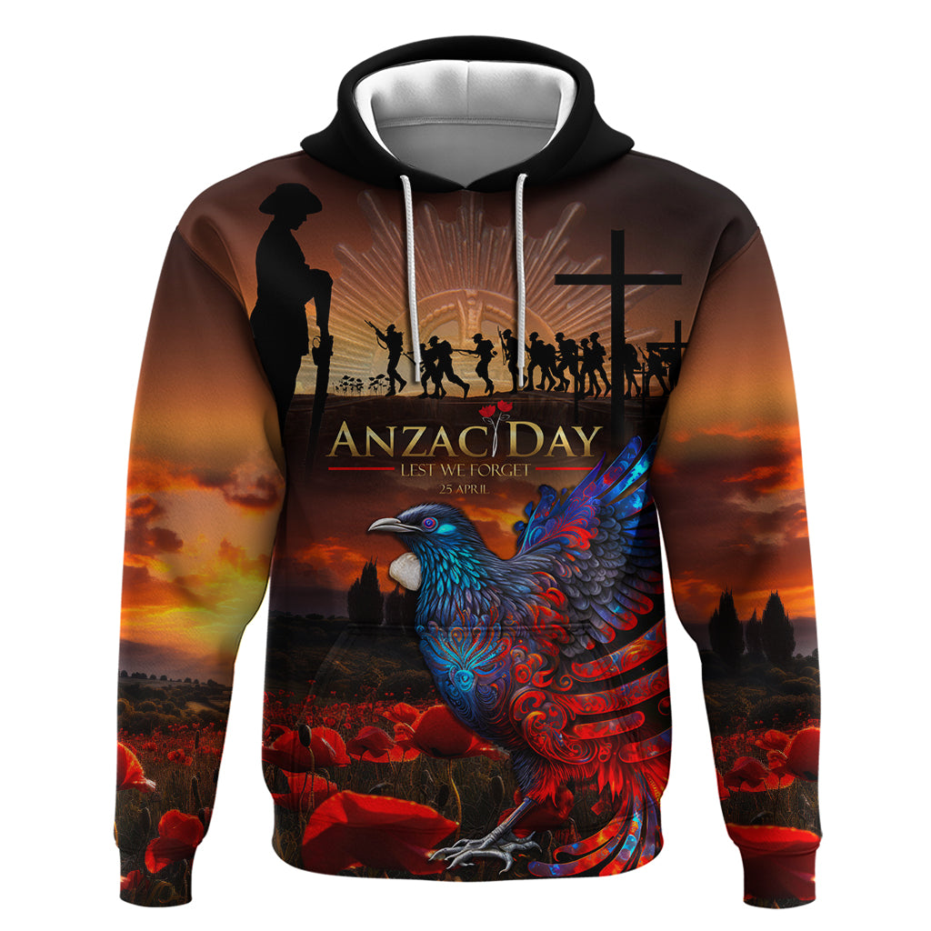 New Zealand Tui Bird Soldier ANZAC Hoodie Lest We Forget LT03 Pullover Hoodie Black - Polynesian Pride