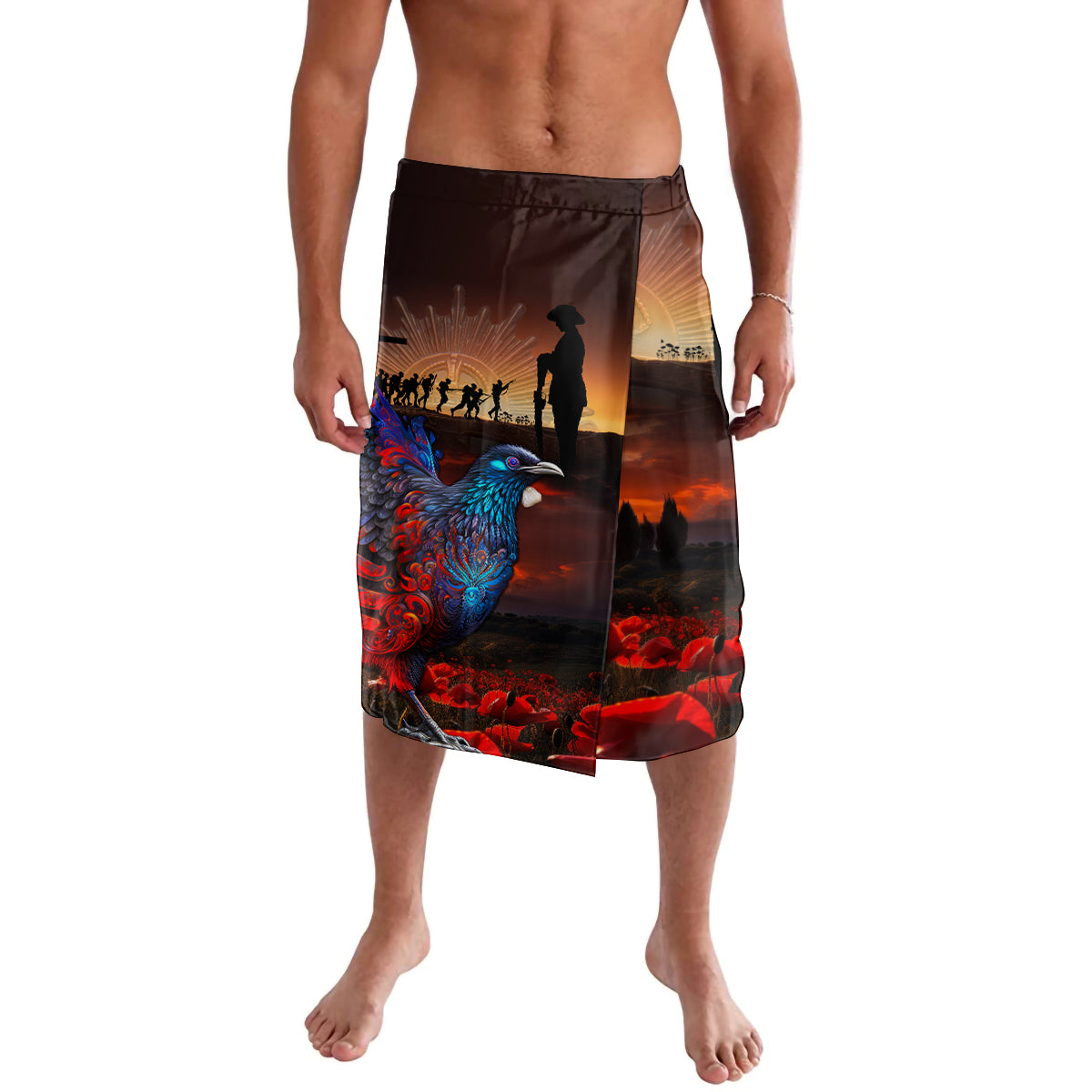 New Zealand Tui Bird Soldier ANZAC Lavalava Lest We Forget LT03 Black - Polynesian Pride