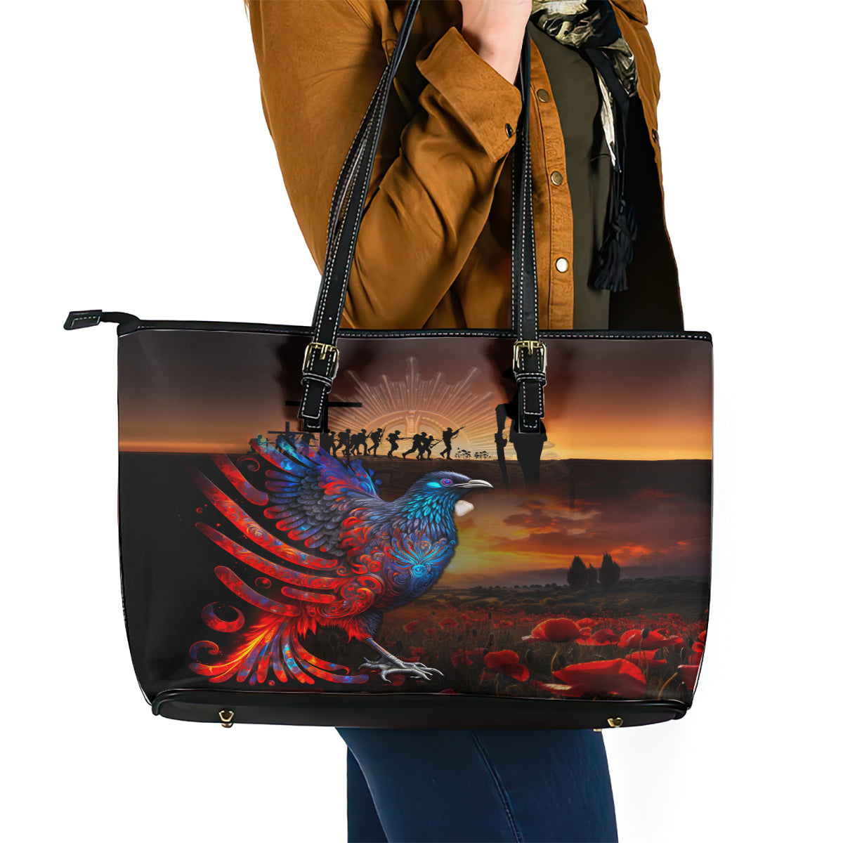 New Zealand Tui Bird Soldier ANZAC Leather Tote Bag Lest We Forget LT03 - Polynesian Pride