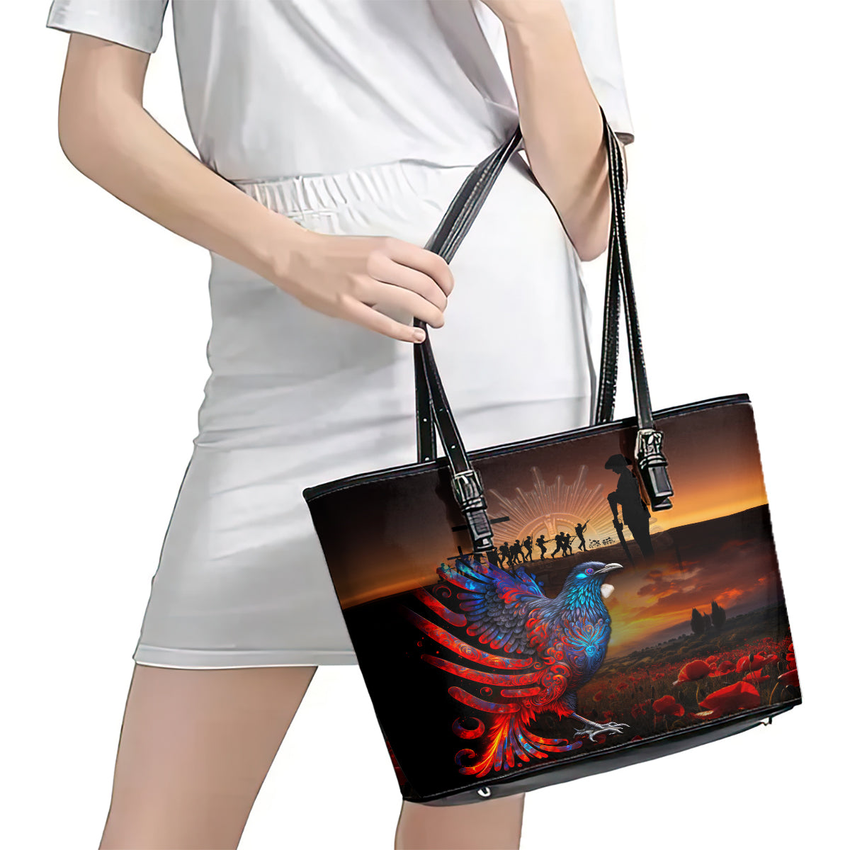 New Zealand Tui Bird Soldier ANZAC Leather Tote Bag Lest We Forget LT03 - Polynesian Pride