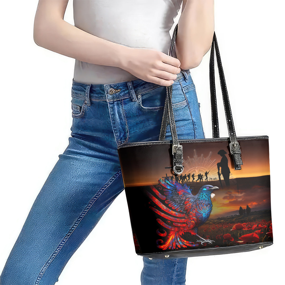 New Zealand Tui Bird Soldier ANZAC Leather Tote Bag Lest We Forget LT03 - Polynesian Pride