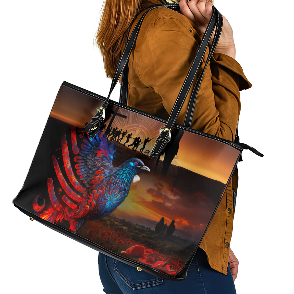 New Zealand Tui Bird Soldier ANZAC Leather Tote Bag Lest We Forget LT03 - Polynesian Pride