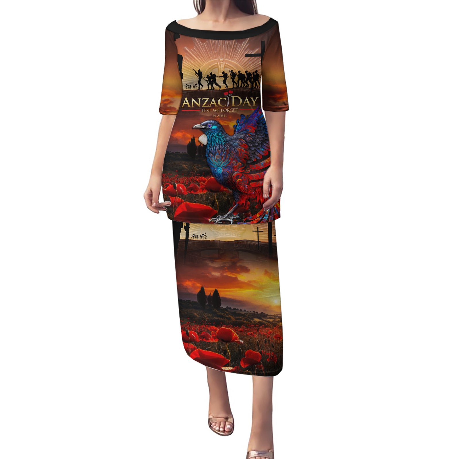New Zealand Tui Bird Soldier ANZAC Puletasi Lest We Forget LT03 Long Dress Black - Polynesian Pride