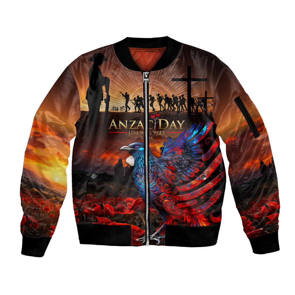 New Zealand Tui Bird Soldier ANZAC Sleeve Zip Bomber Jacket Lest We Forget LT03 Unisex Black - Polynesian Pride
