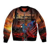 New Zealand Tui Bird Soldier ANZAC Sleeve Zip Bomber Jacket Lest We Forget LT03 Unisex Black - Polynesian Pride