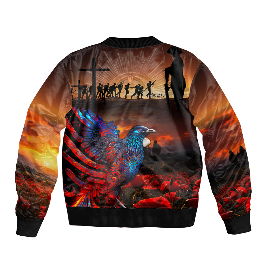 New Zealand Tui Bird Soldier ANZAC Sleeve Zip Bomber Jacket Lest We Forget LT03 - Polynesian Pride
