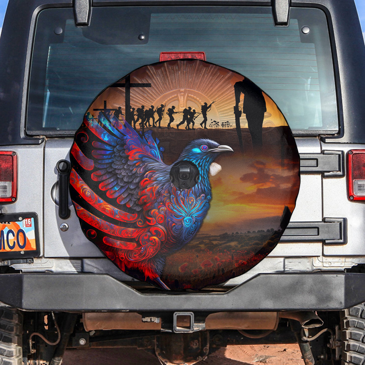 New Zealand Tui Bird Soldier ANZAC Spare Tire Cover Lest We Forget LT03 Black - Polynesian Pride