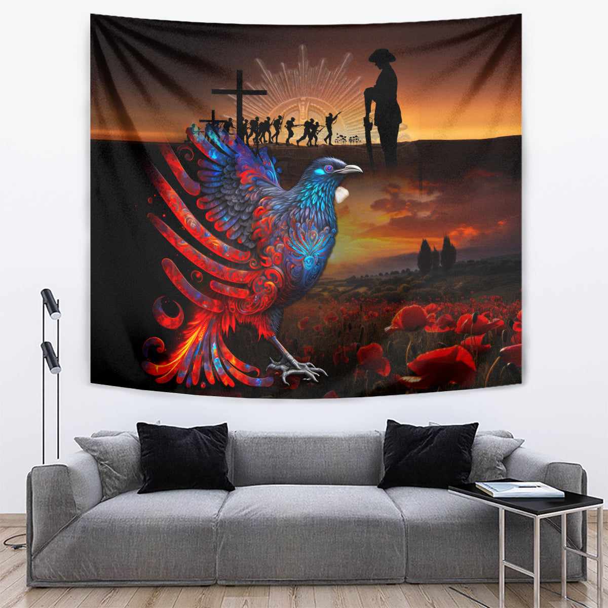 New Zealand Tui Bird Soldier ANZAC Tapestry Lest We Forget LT03 Black - Polynesian Pride