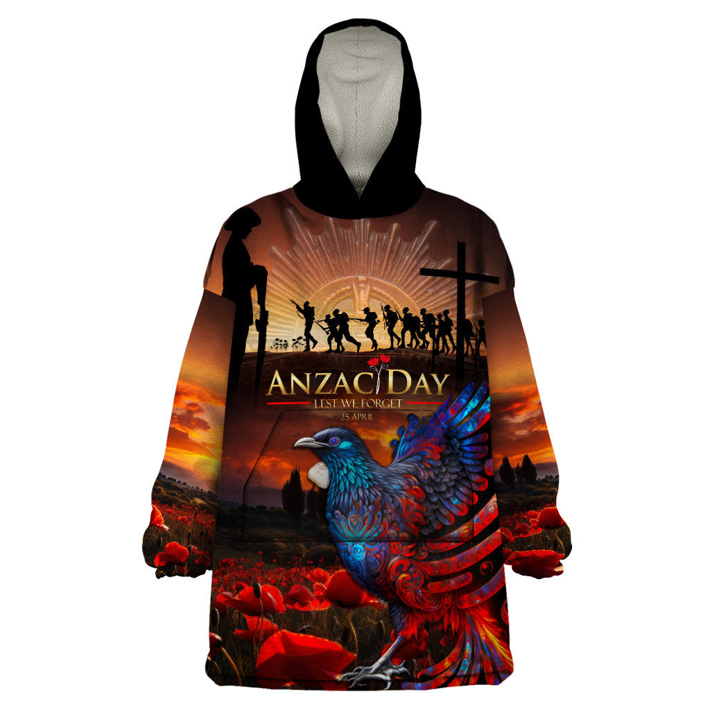 New Zealand Tui Bird Soldier ANZAC Wearable Blanket Hoodie Lest We Forget LT03 One Size Black - Polynesian Pride