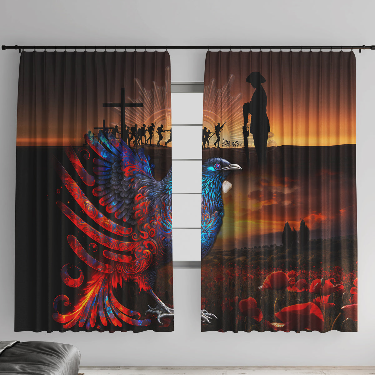 New Zealand Tui Bird Soldier ANZAC Window Curtain Lest We Forget LT03