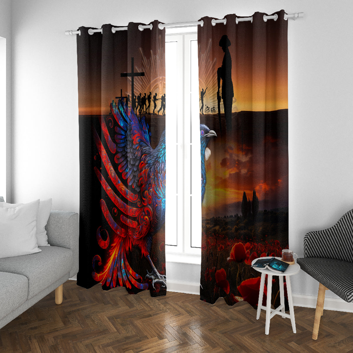 New Zealand Tui Bird Soldier ANZAC Window Curtain Lest We Forget LT03 With Grommets Black - Polynesian Pride