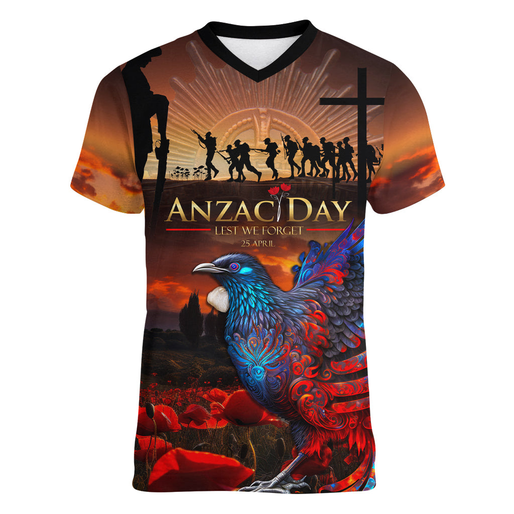 New Zealand Tui Bird Soldier ANZAC Women V Neck T Shirt Lest We Forget LT03