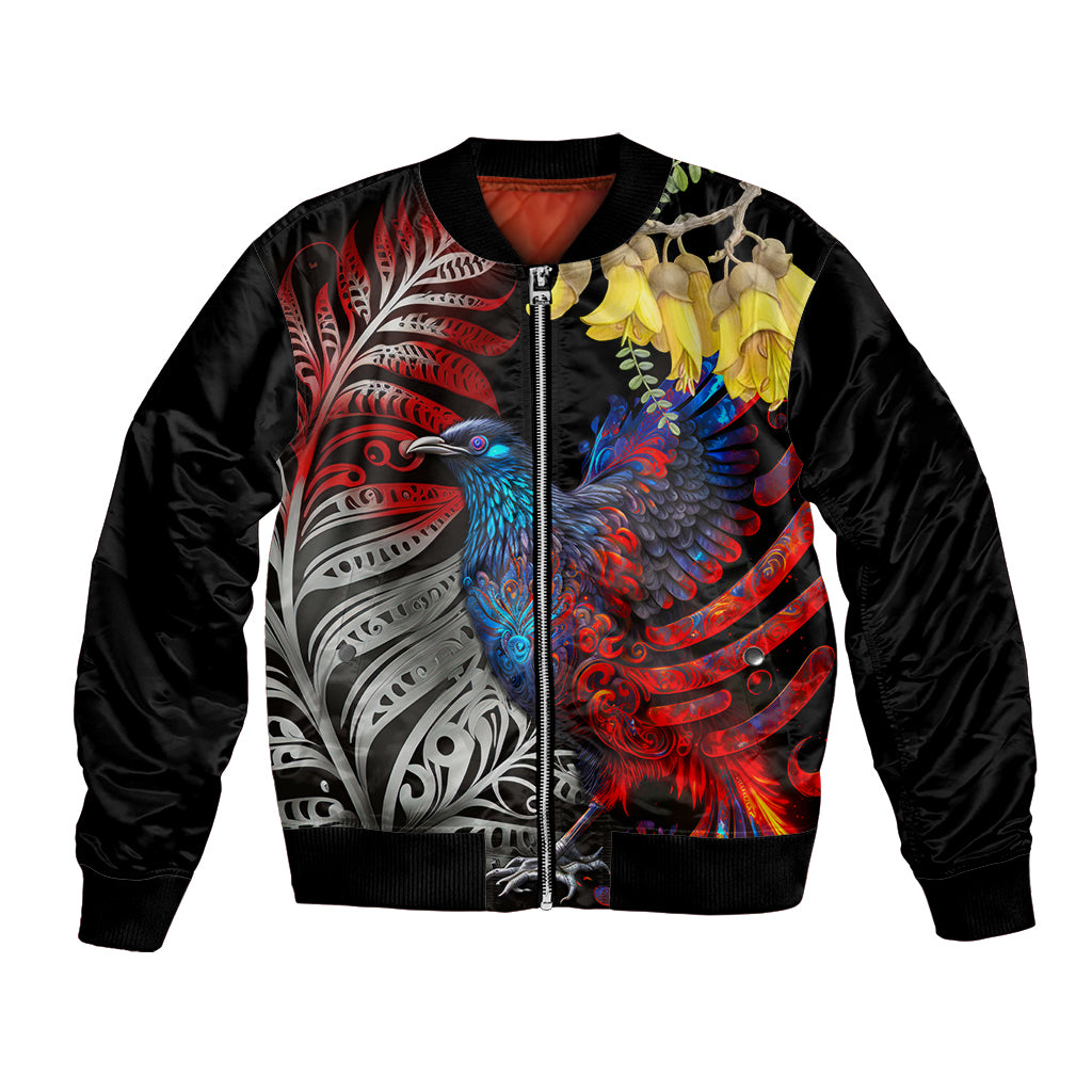 New Zealand Kohwhai Tui Bird Bomber Jacket Silver Fern Version LT03 Unisex Black - Polynesian Pride