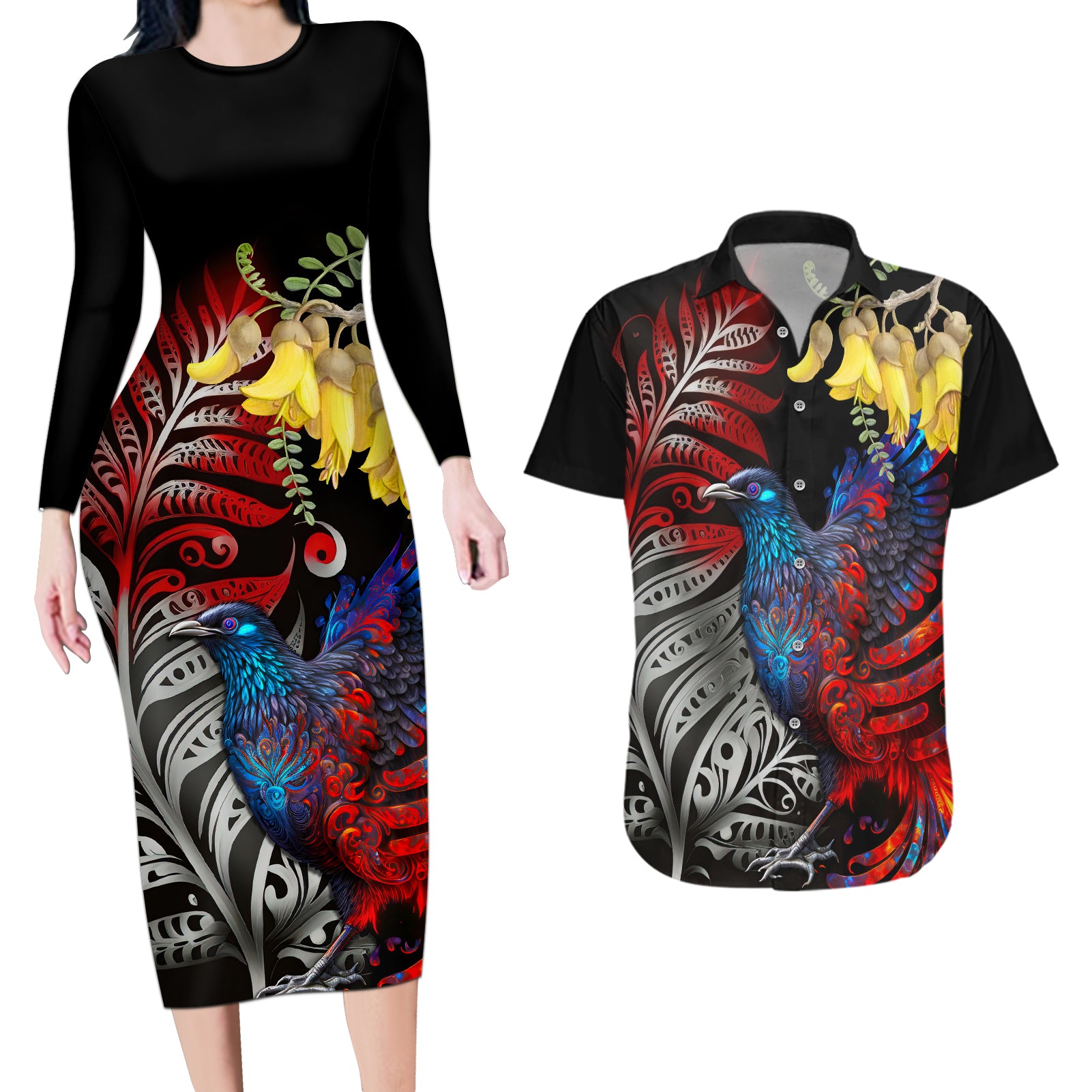 New Zealand Kohwhai Tui Bird Couples Matching Long Sleeve Bodycon Dress and Hawaiian Shirt Silver Fern Version LT03 Black - Polynesian Pride