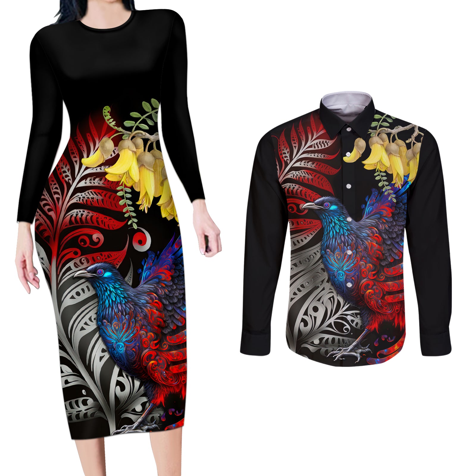 New Zealand Kohwhai Tui Bird Couples Matching Long Sleeve Bodycon Dress and Long Sleeve Button Shirt Silver Fern Version LT03 Black - Polynesian Pride