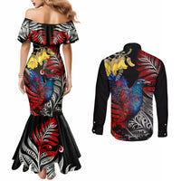 New Zealand Kohwhai Tui Bird Couples Matching Mermaid Dress and Long Sleeve Button Shirt Silver Fern Version LT03 - Polynesian Pride