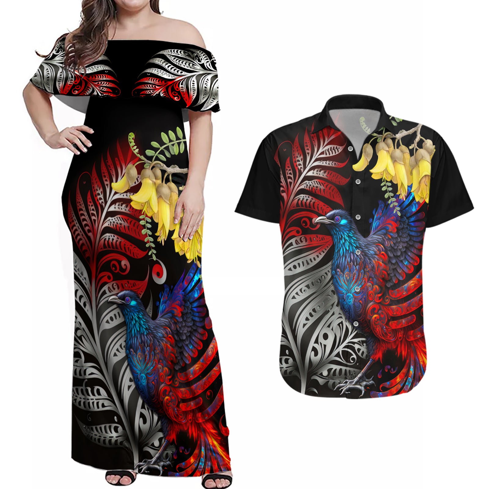 New Zealand Kohwhai Tui Bird Couples Matching Off Shoulder Maxi Dress and Hawaiian Shirt Silver Fern Version LT03 Black - Polynesian Pride