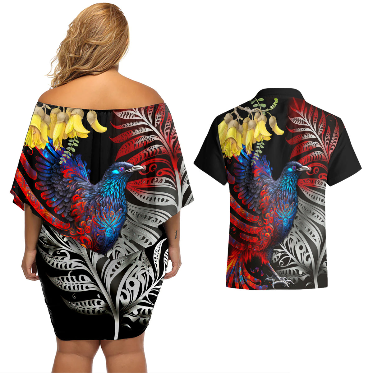 New Zealand Kohwhai Tui Bird Couples Matching Off Shoulder Short Dress and Hawaiian Shirt Silver Fern Version LT03 - Polynesian Pride
