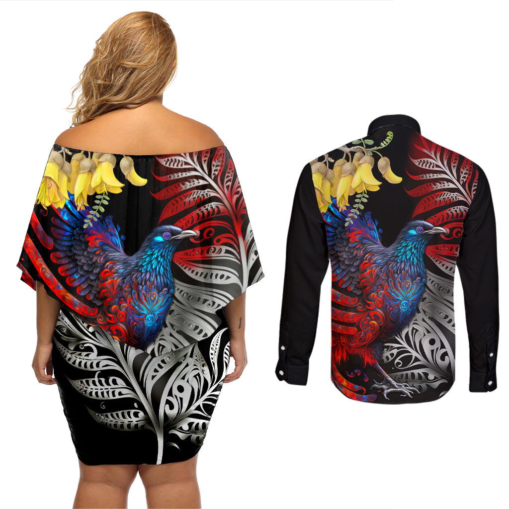 New Zealand Kohwhai Tui Bird Couples Matching Off Shoulder Short Dress and Long Sleeve Button Shirt Silver Fern Version LT03 - Polynesian Pride