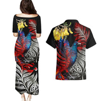 New Zealand Kohwhai Tui Bird Couples Matching Puletasi and Hawaiian Shirt Silver Fern Version LT03 - Polynesian Pride