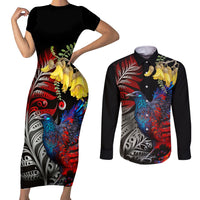 New Zealand Kohwhai Tui Bird Couples Matching Short Sleeve Bodycon Dress and Long Sleeve Button Shirt Silver Fern Version LT03 Black - Polynesian Pride