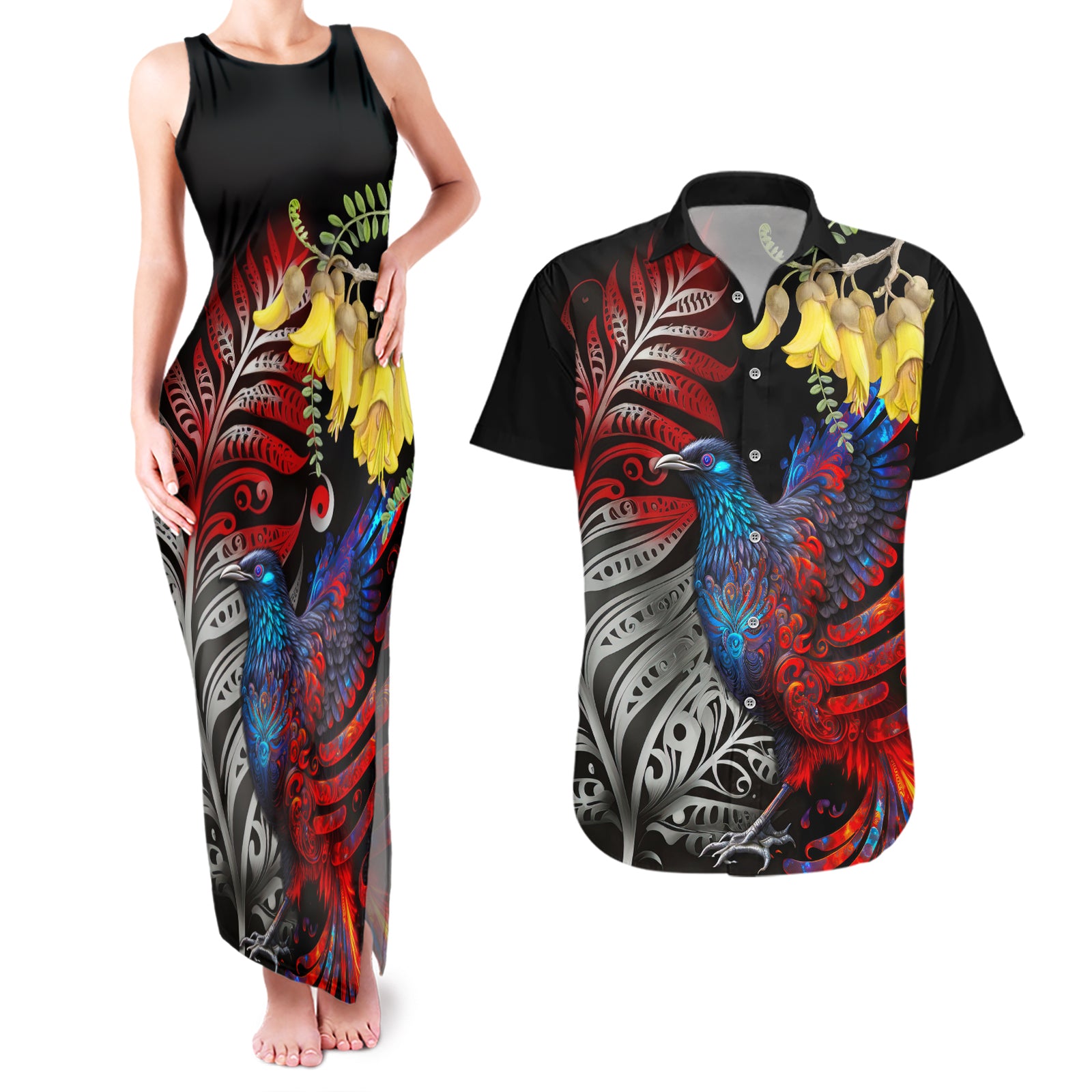 New Zealand Kohwhai Tui Bird Couples Matching Tank Maxi Dress and Hawaiian Shirt Silver Fern Version LT03 Black - Polynesian Pride
