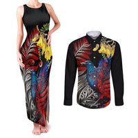 New Zealand Kohwhai Tui Bird Couples Matching Tank Maxi Dress and Long Sleeve Button Shirt Silver Fern Version LT03 Black - Polynesian Pride