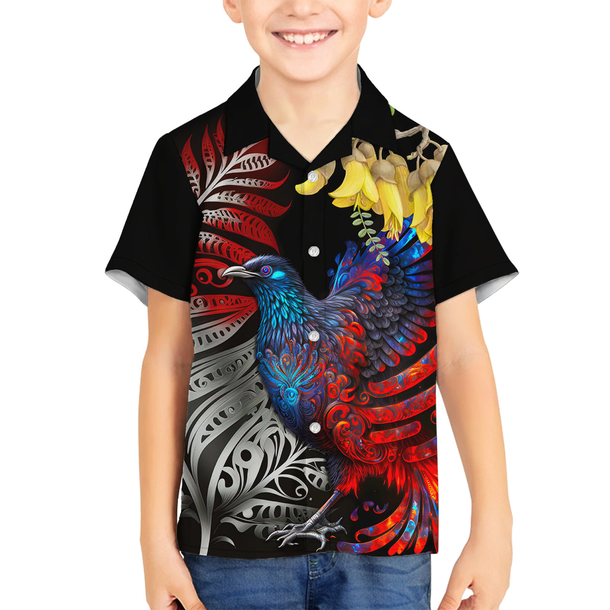 New Zealand Kohwhai Tui Bird Family Matching Long Sleeve Bodycon Dress and Hawaiian Shirt Silver Fern Version LT03 Son's Shirt Black - Polynesian Pride