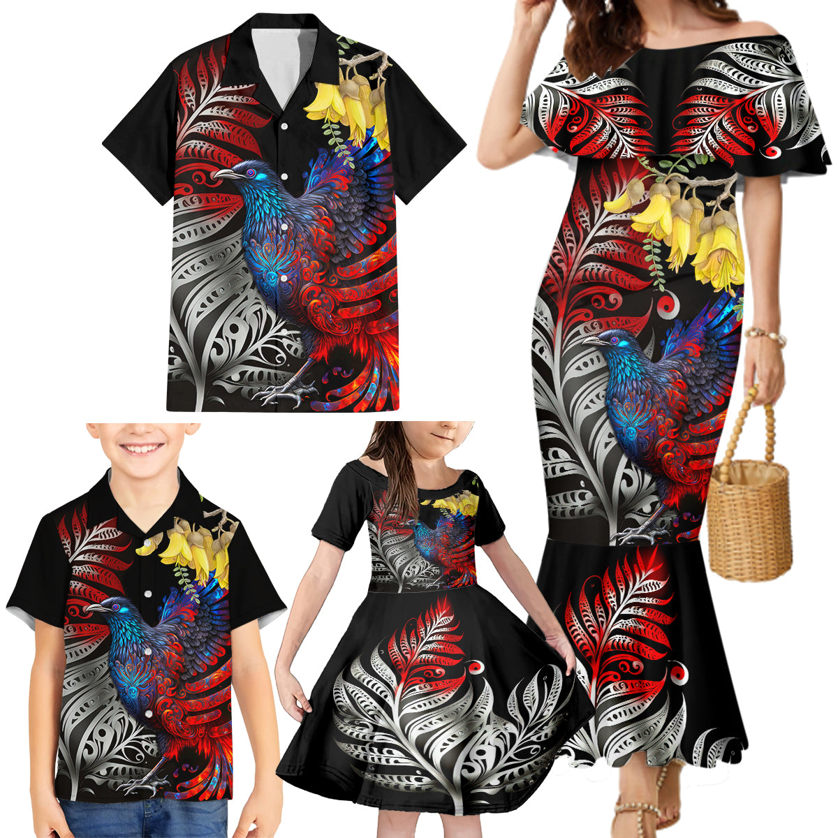 New Zealand Kohwhai Tui Bird Family Matching Mermaid Dress and Hawaiian Shirt Silver Fern Version LT03 - Polynesian Pride