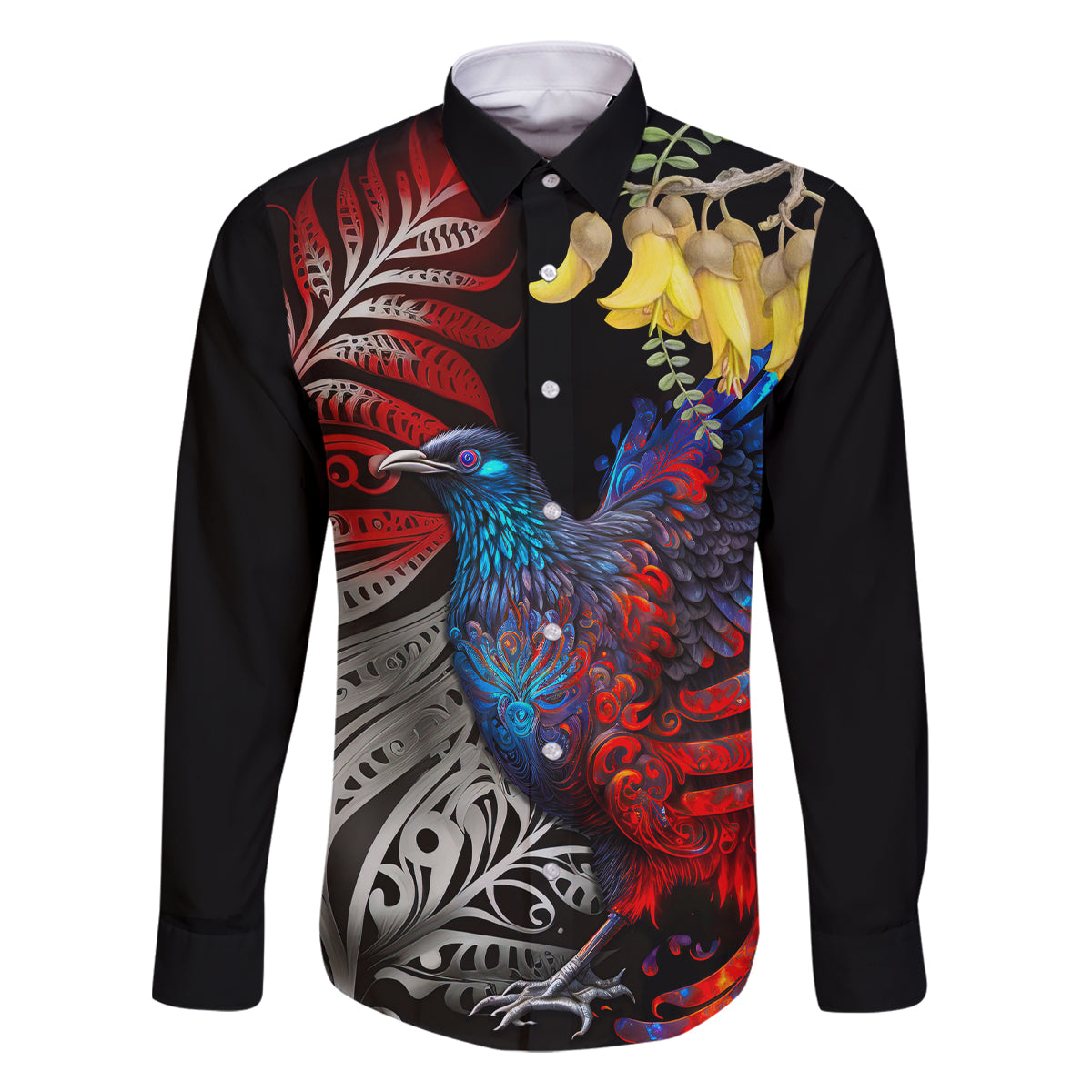 New Zealand Kohwhai Tui Bird Family Matching Off Shoulder Long Sleeve Dress and Hawaiian Shirt Silver Fern Version LT03 Dad's Shirt - Long Sleeve Black - Polynesian Pride