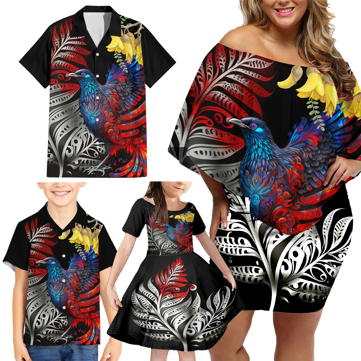 New Zealand Kohwhai Tui Bird Family Matching Off Shoulder Short Dress and Hawaiian Shirt Silver Fern Version LT03 - Polynesian Pride