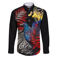 New Zealand Kohwhai Tui Bird Family Matching Summer Maxi Dress and Hawaiian Shirt Silver Fern Version LT03 Dad's Shirt - Long Sleeve Black - Polynesian Pride