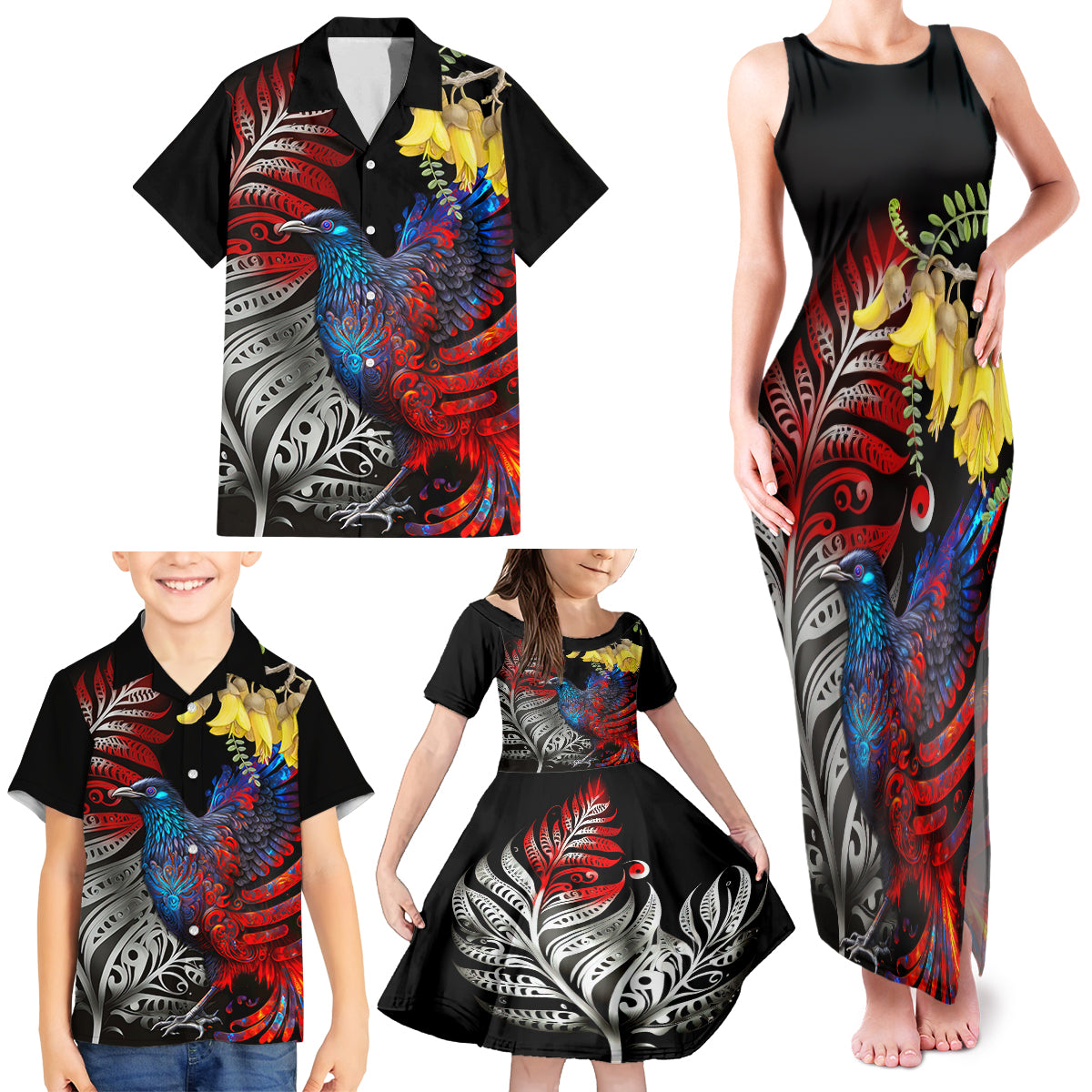 New Zealand Kohwhai Tui Bird Family Matching Tank Maxi Dress and Hawaiian Shirt Silver Fern Version LT03 - Polynesian Pride