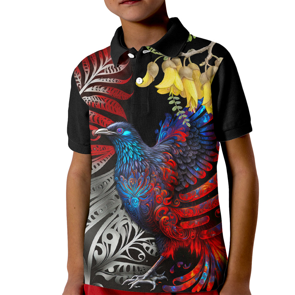 New Zealand Kohwhai Tui Bird Kid Polo Shirt Silver Fern Version LT03 Kid Black - Polynesian Pride