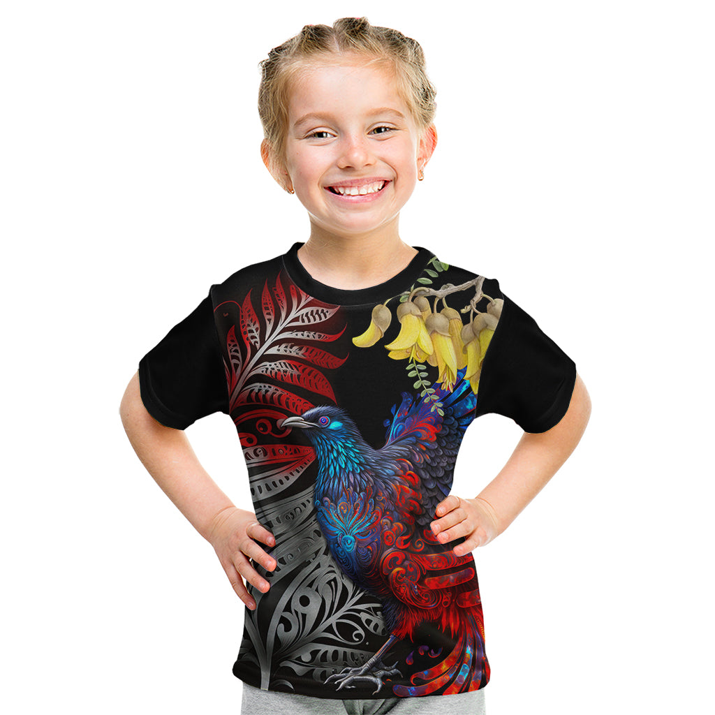 New Zealand Kohwhai Tui Bird Kid T Shirt Silver Fern Version LT03 Black - Polynesian Pride