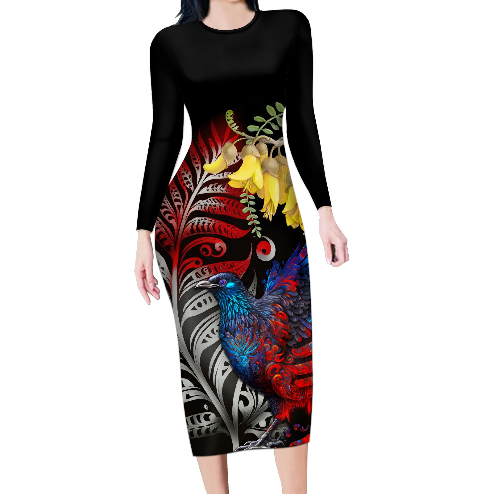 New Zealand Kohwhai Tui Bird Long Sleeve Bodycon Dress Silver Fern Version LT03 Long Dress Black - Polynesian Pride