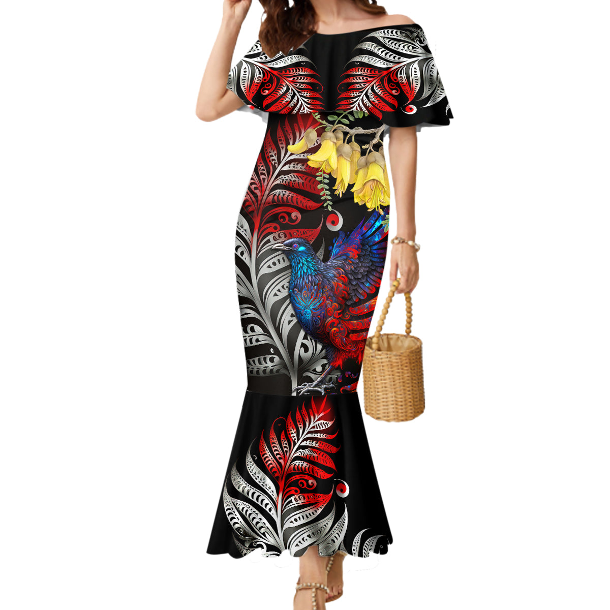 New Zealand Kohwhai Tui Bird Mermaid Dress Silver Fern Version LT03 Women Black - Polynesian Pride