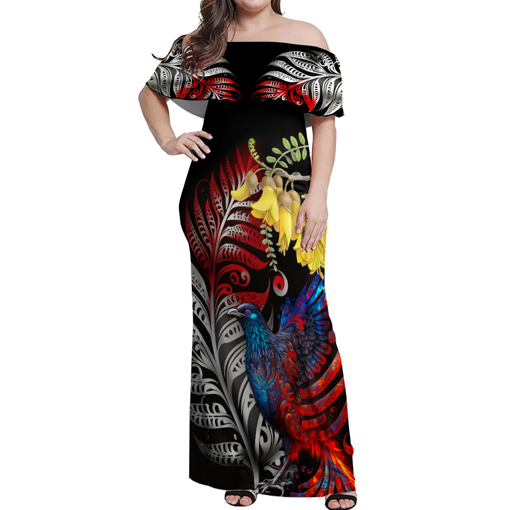 New Zealand Kohwhai Tui Bird Off Shoulder Maxi Dress Silver Fern Version LT03 Women Black - Polynesian Pride