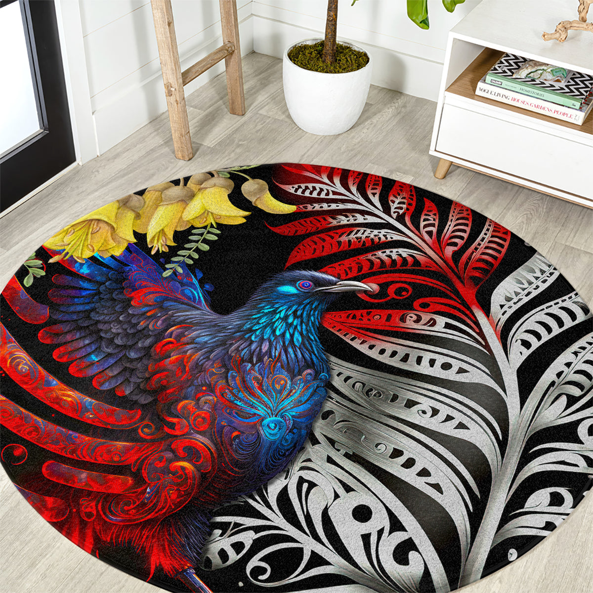 New Zealand Kohwhai Tui Bird Round Carpet Silver Fern Version LT03 Black - Polynesian Pride