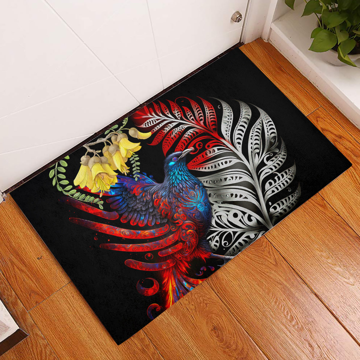 New Zealand Kohwhai Tui Bird Rubber Doormat Silver Fern Version LT03 Black - Polynesian Pride