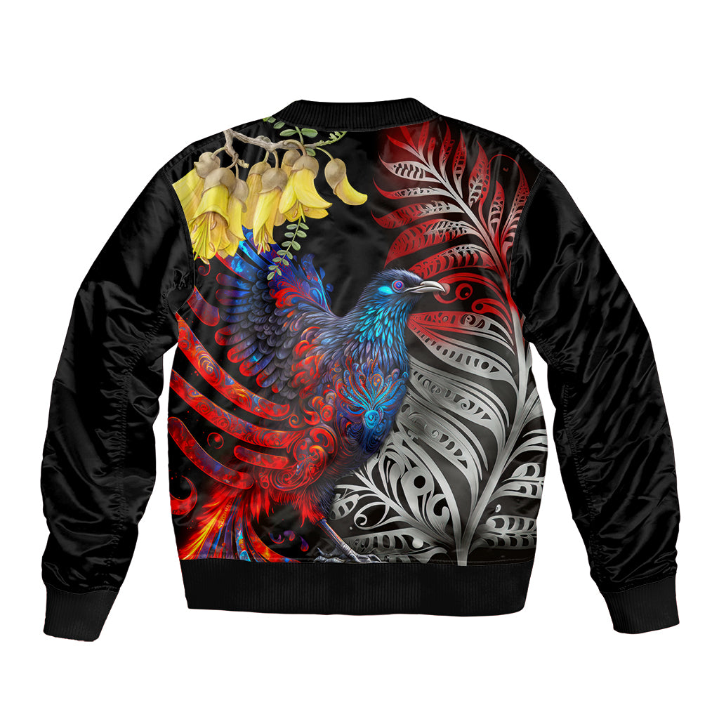 New Zealand Kohwhai Tui Bird Sleeve Zip Bomber Jacket Silver Fern Version LT03 - Polynesian Pride