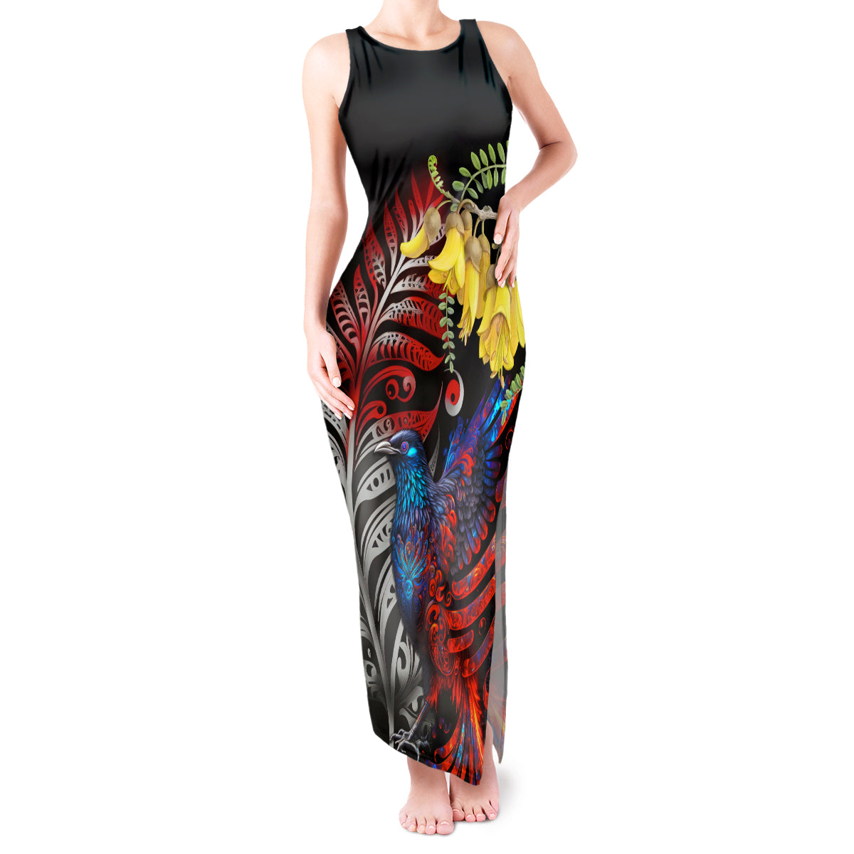 New Zealand Kohwhai Tui Bird Tank Maxi Dress Silver Fern Version LT03 Women Black - Polynesian Pride